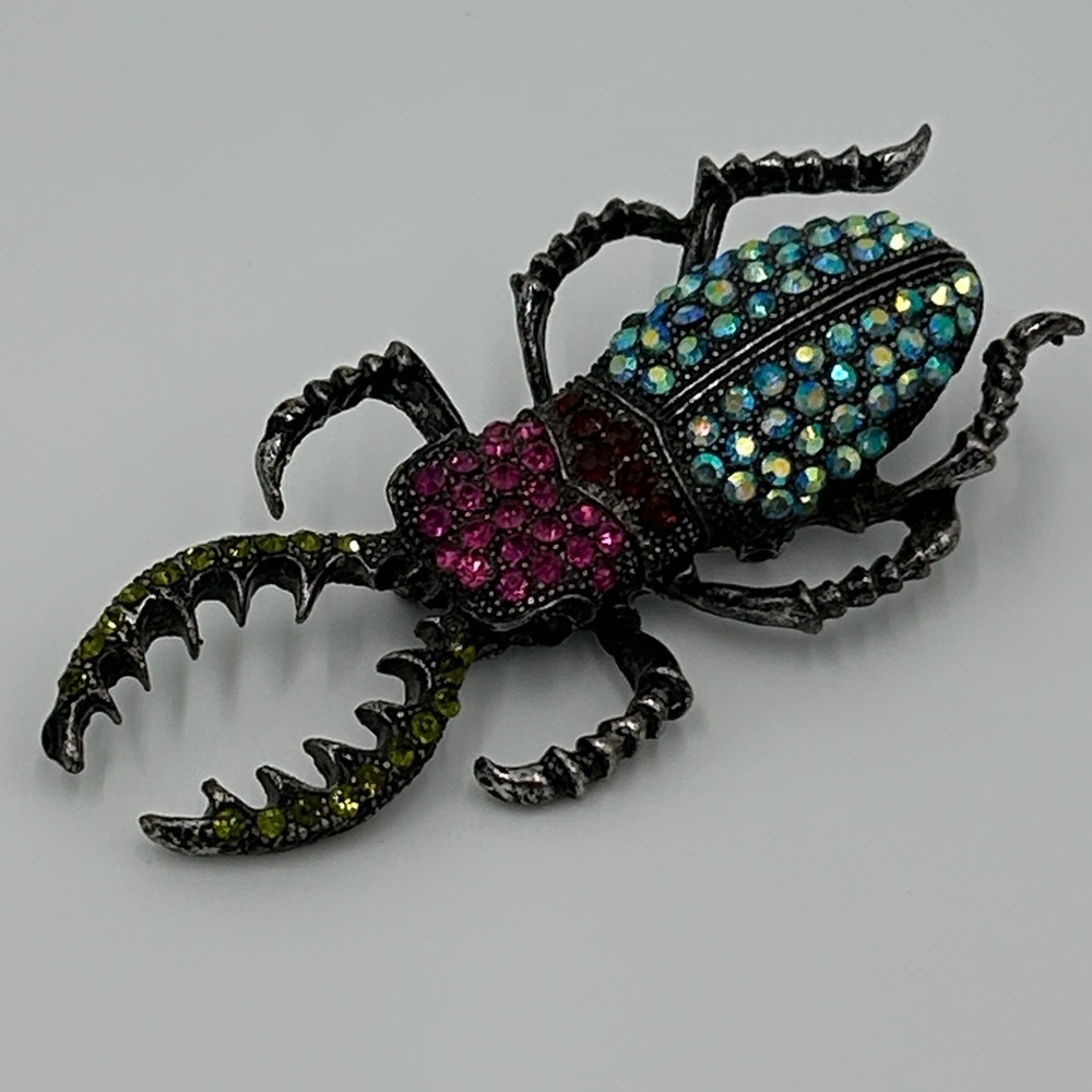 Jeweled Beetle Brooch Rhinestone crystal Insect pin vibrant Eclectic Joyous